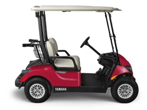A red yamaha golf cart on a white background