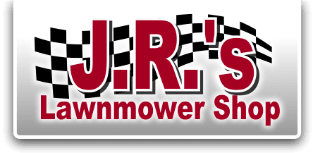 The logo for j.r. 's lawnmower shop has a checkered flag on it.