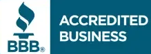 BBB Accredited Business logo with a blue flame and teal background.