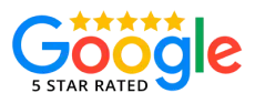 Google 5-star rating logo with the word "Google" in Google colors and five gold stars above it. "5 STAR RATED" text below.