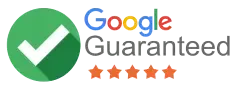Google Guaranteed badge with a green checkmark, the word "Google" in Google colors, and five orange stars.