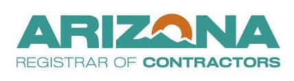 Arizona Registrar of Contractors logo with teal text and an orange sun over mountain graphic.