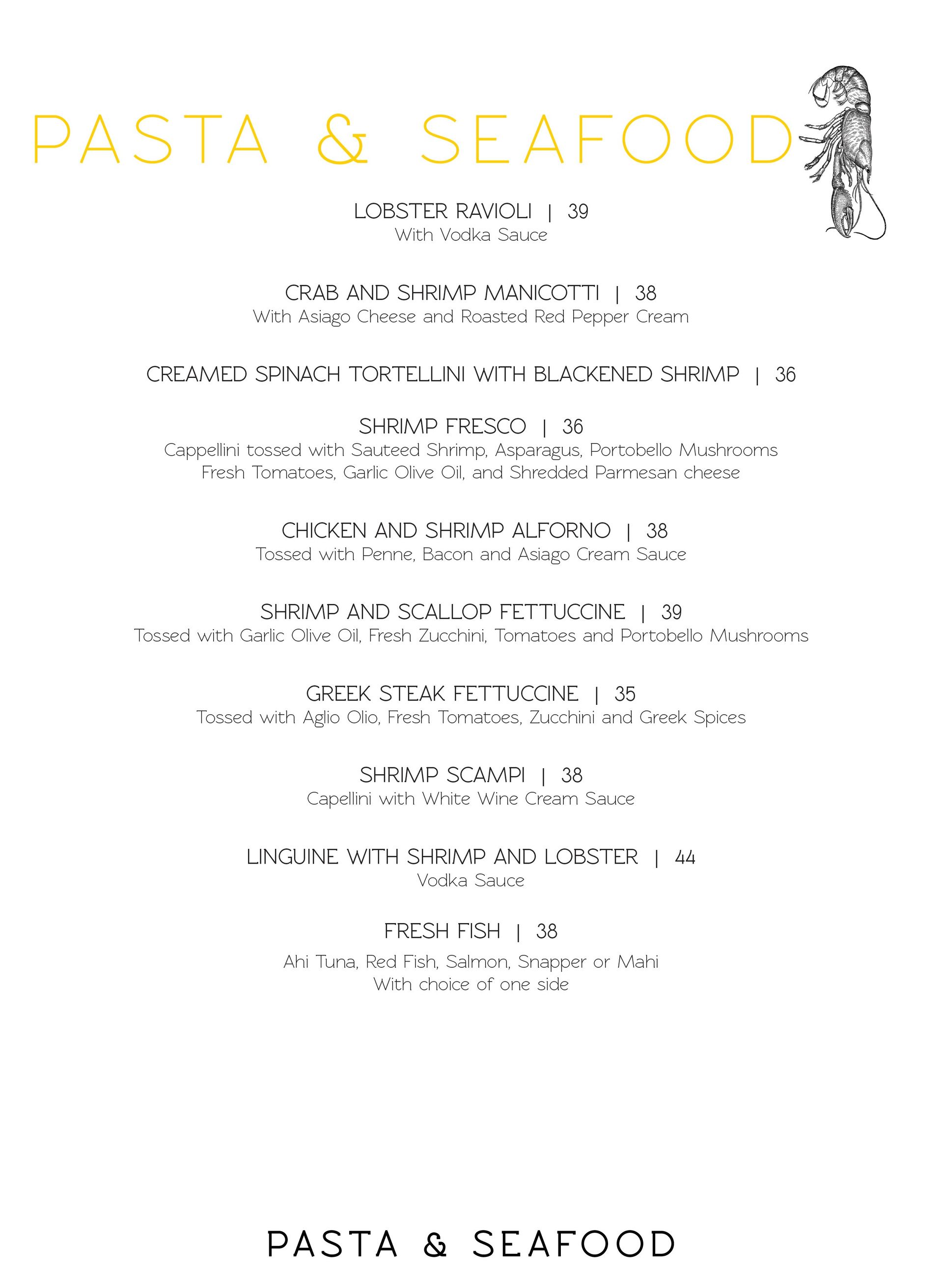 menu selections for pasta and seafood at Vicari Italian Grill