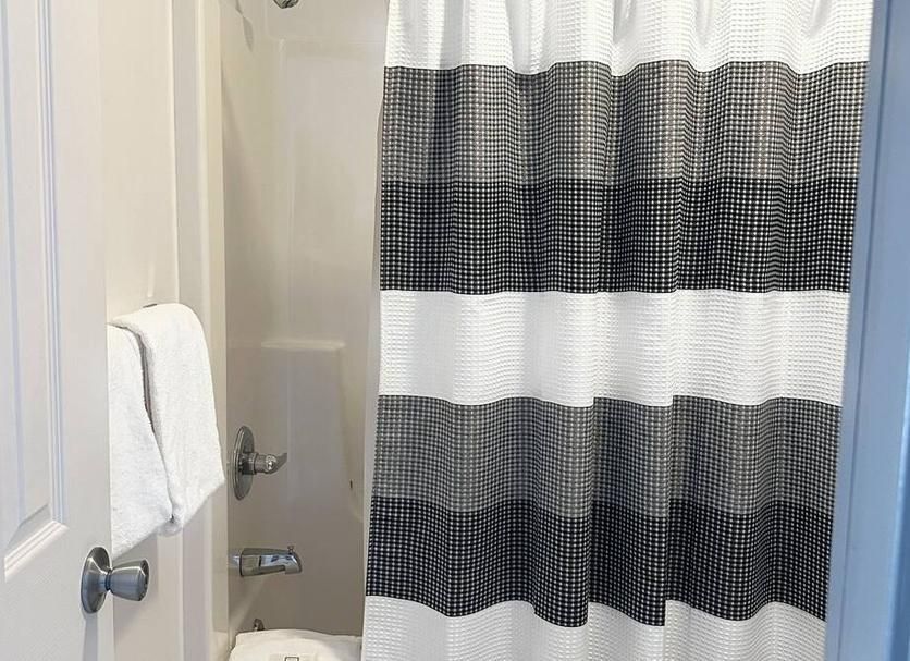 A bathroom with a shower curtain and a toilet.