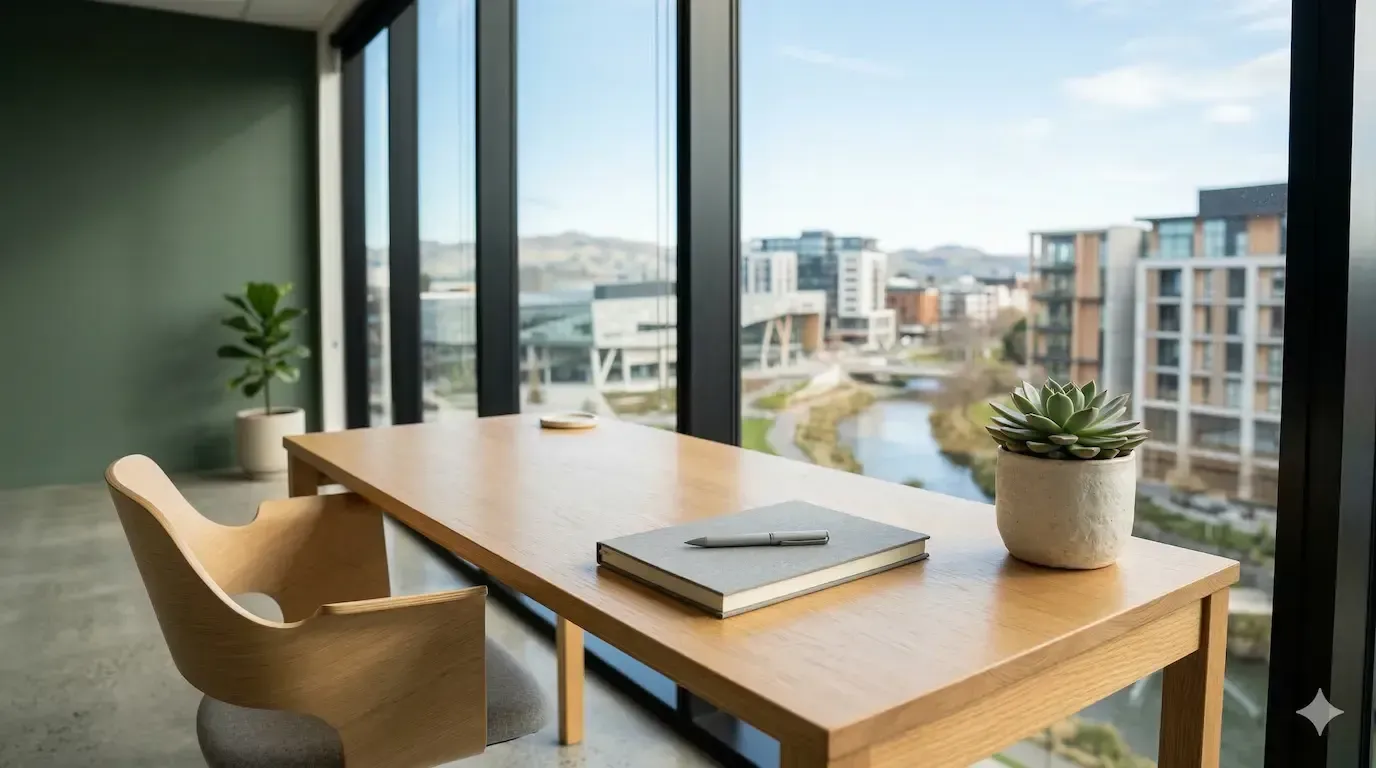 A wooden desk with a notebook and potted plant in a modern office overlooking a city river and buildings.