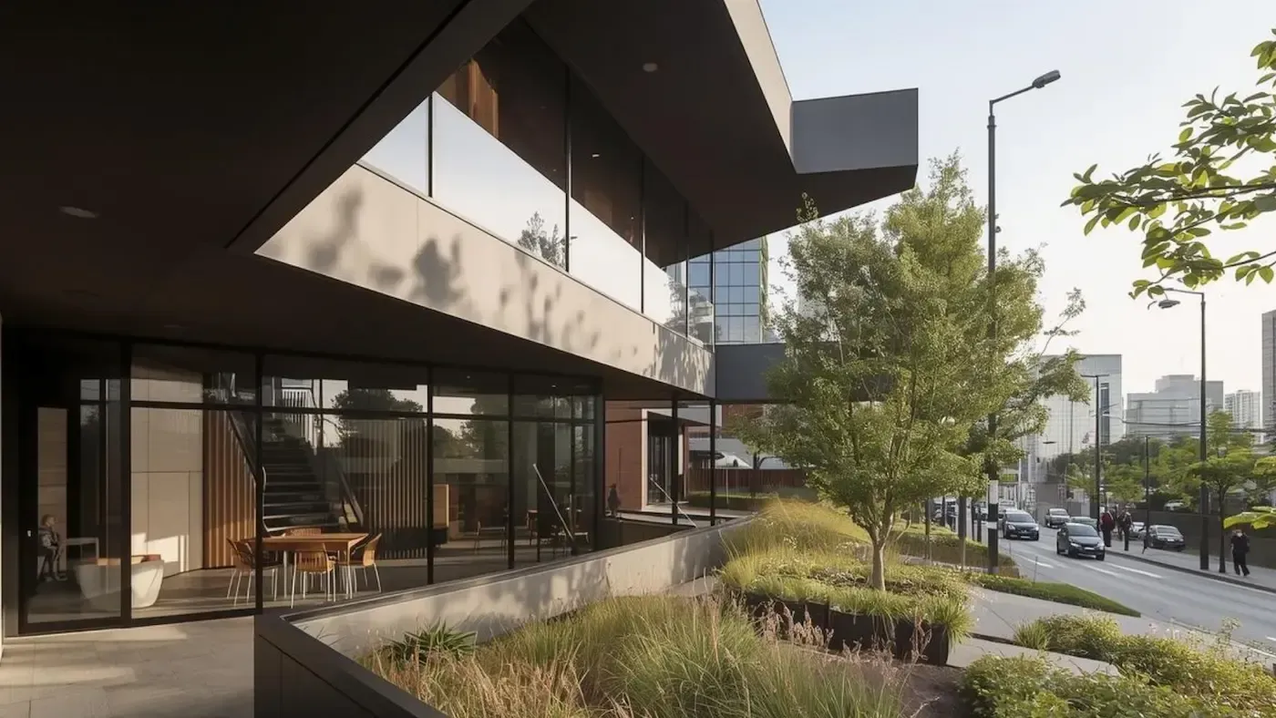 Modern office building with glass walls, dark framing, and a landscaped garden next to a public street.