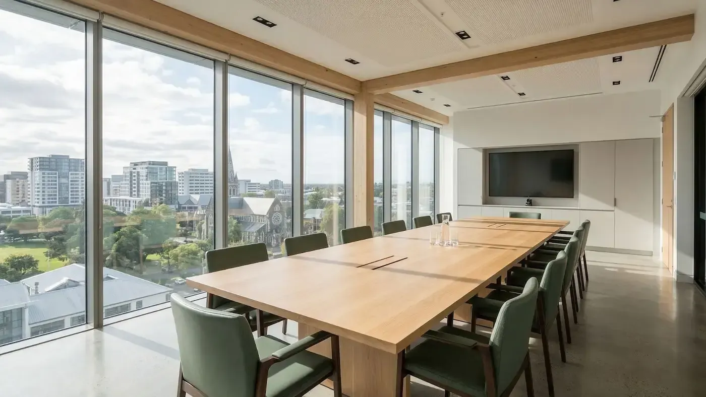 A modern conference room with a long wooden table, green chairs, and large floor-to-ceiling windows overlooking a city.