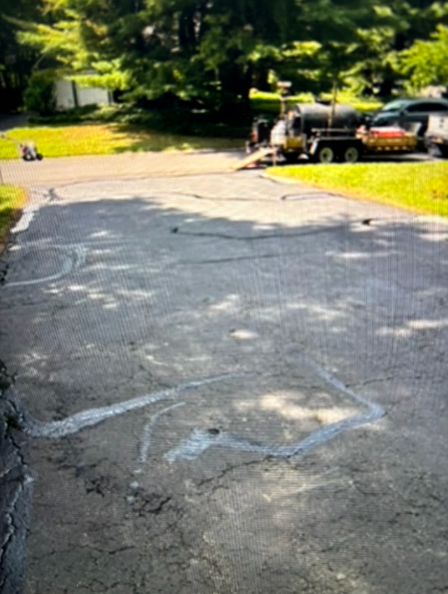 A truck is parked in the middle of a driveway.