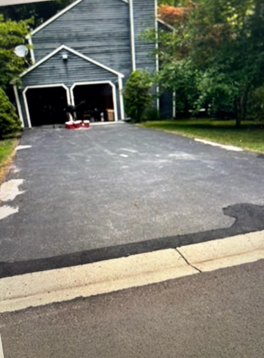 A driveway leading to a house with a garage.