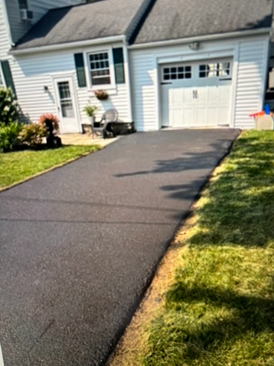 A driveway leading to a house with a white garage door