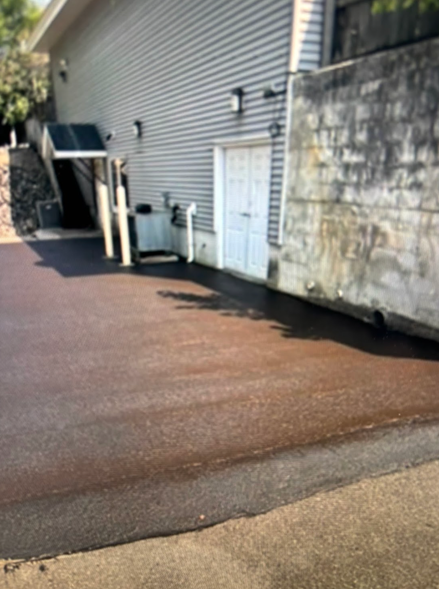 A driveway in front of a house with a white door