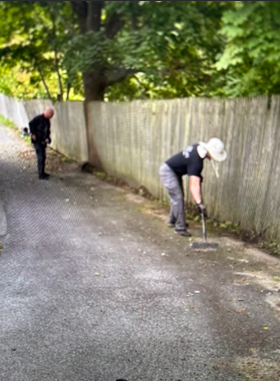 A man and a woman are cleaning the side of a road