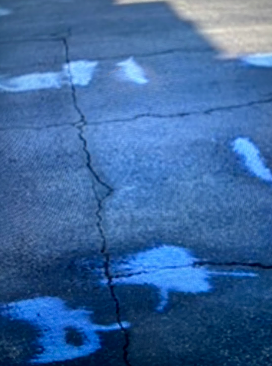 A close up of a cracked concrete surface with blue paint on it.