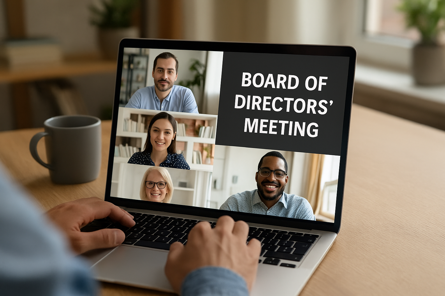 A person is using a laptop computer to have a board of directors meeting.