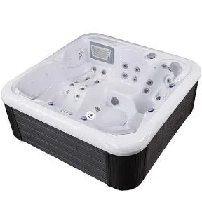 Square hot tub with white interior, dark gray exterior, multiple jets, and control panel.