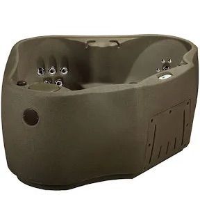 Brown hot tub with jets and seating.
