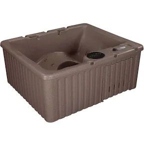 Brown, square hot tub with built-in cup holder, and textured siding.