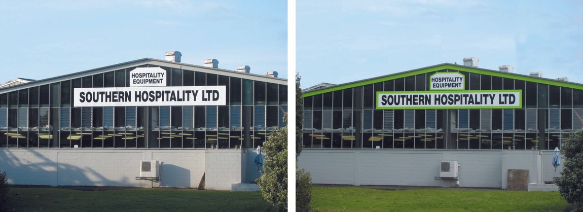 Before and after adding green paint to a commercial building in Whangarei by Wayne Webb Painters