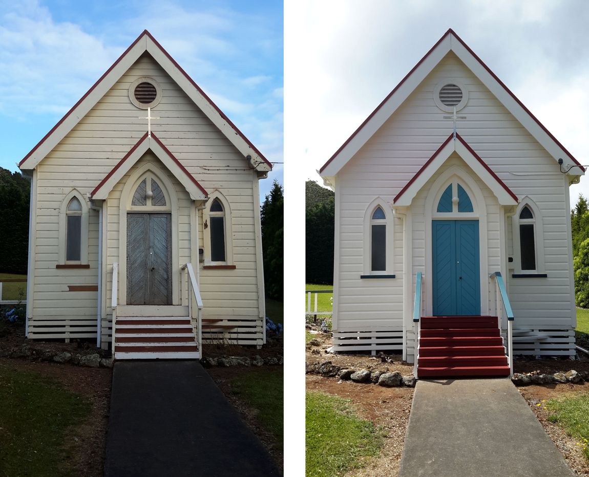 Before and after restoring paintwork on a Maungakaramea Church By Wayne Webb Painters