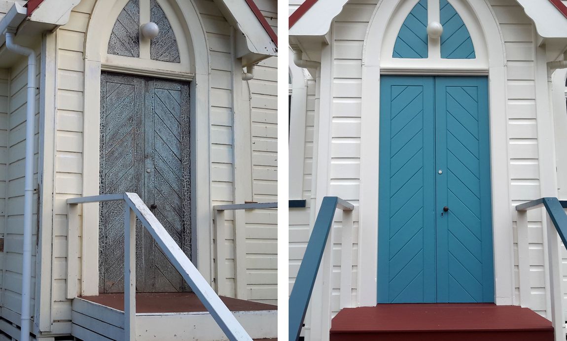 Before and after restoring paintwork on a Maungakaramea Church, up close of Church doors
