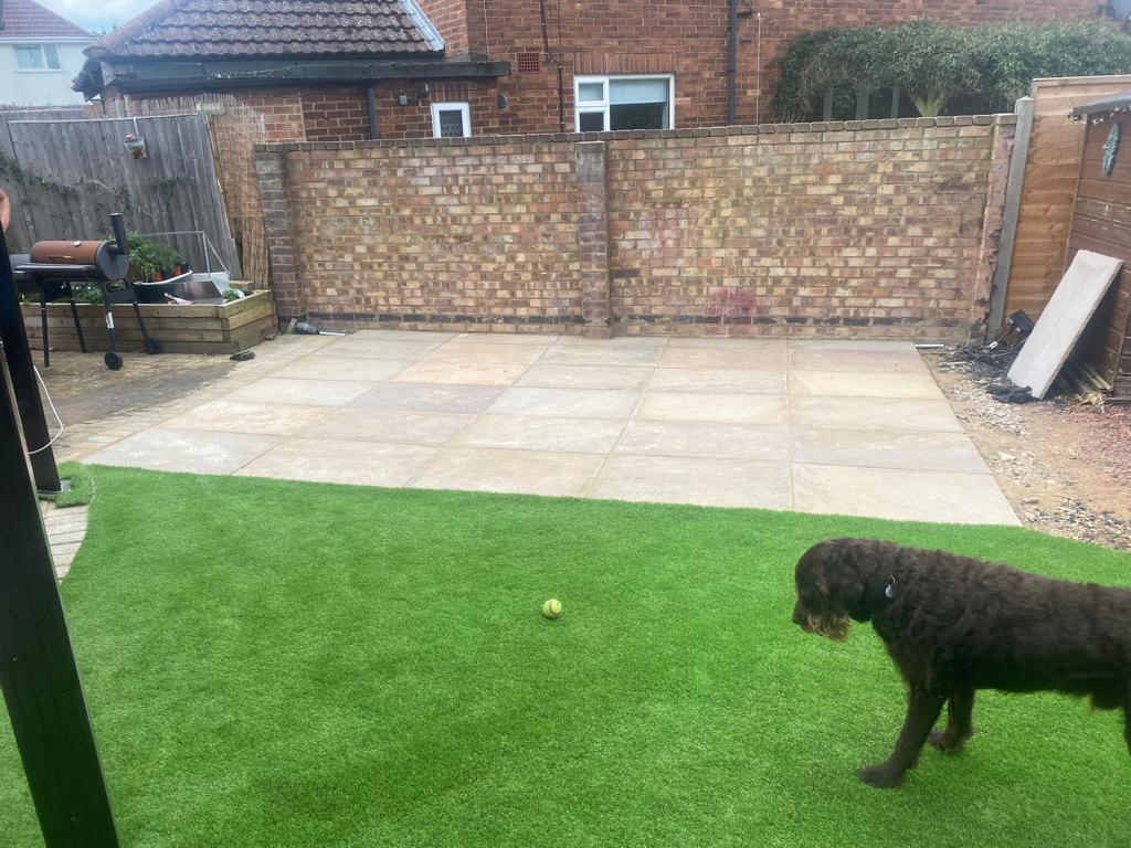 Pet enjoying new artificial turf lawn in Leicester