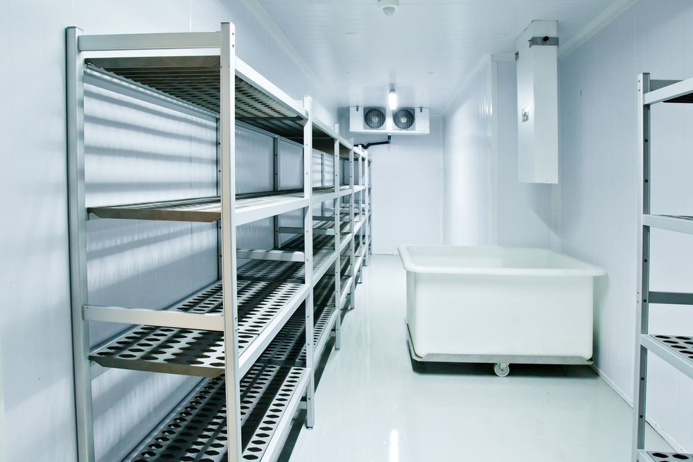 Empty Walk-in Freezer With Metal Shelving and a Large White Tub — Level Electrical & Air In Muswellbrook, NSW