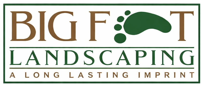 Logo for Big Foot Landscaping, featuring the company name in brown and green with a footprint graphic, and a tagline below.
