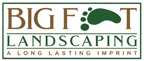 Logo for Big Foot Landscaping, featuring the company name in brown and green with a footprint graphic, and a tagline below.