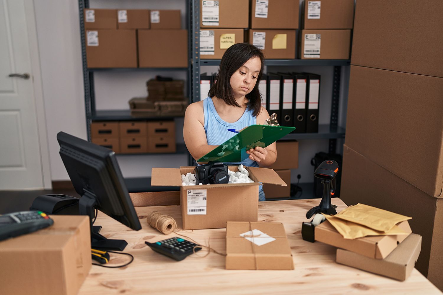 Woman with Down syndrome in a shipping office, packaging items and reviewing paperwork, surrounded by boxes. Woman with Down syndrome in a shipping office, packaging items and reviewing paperwork, surrounded by boxes.