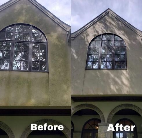 Split view of a building exterior before and after moss removal, showing cleaner walls and windows.