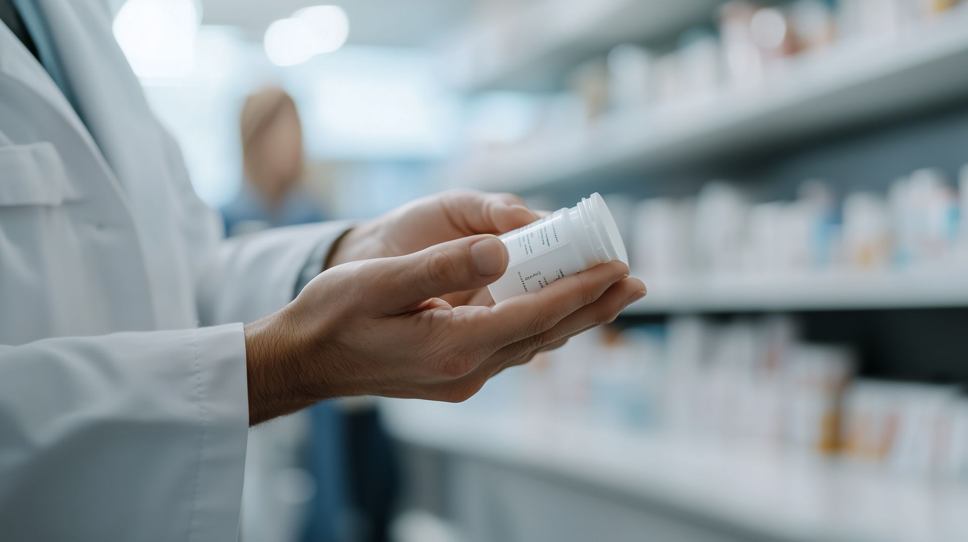 Apotheker im weißen Kittel hält in einer Apotheke eine weiße Pillenflasche mit verschreibungspflichtigen Medikamenten.
