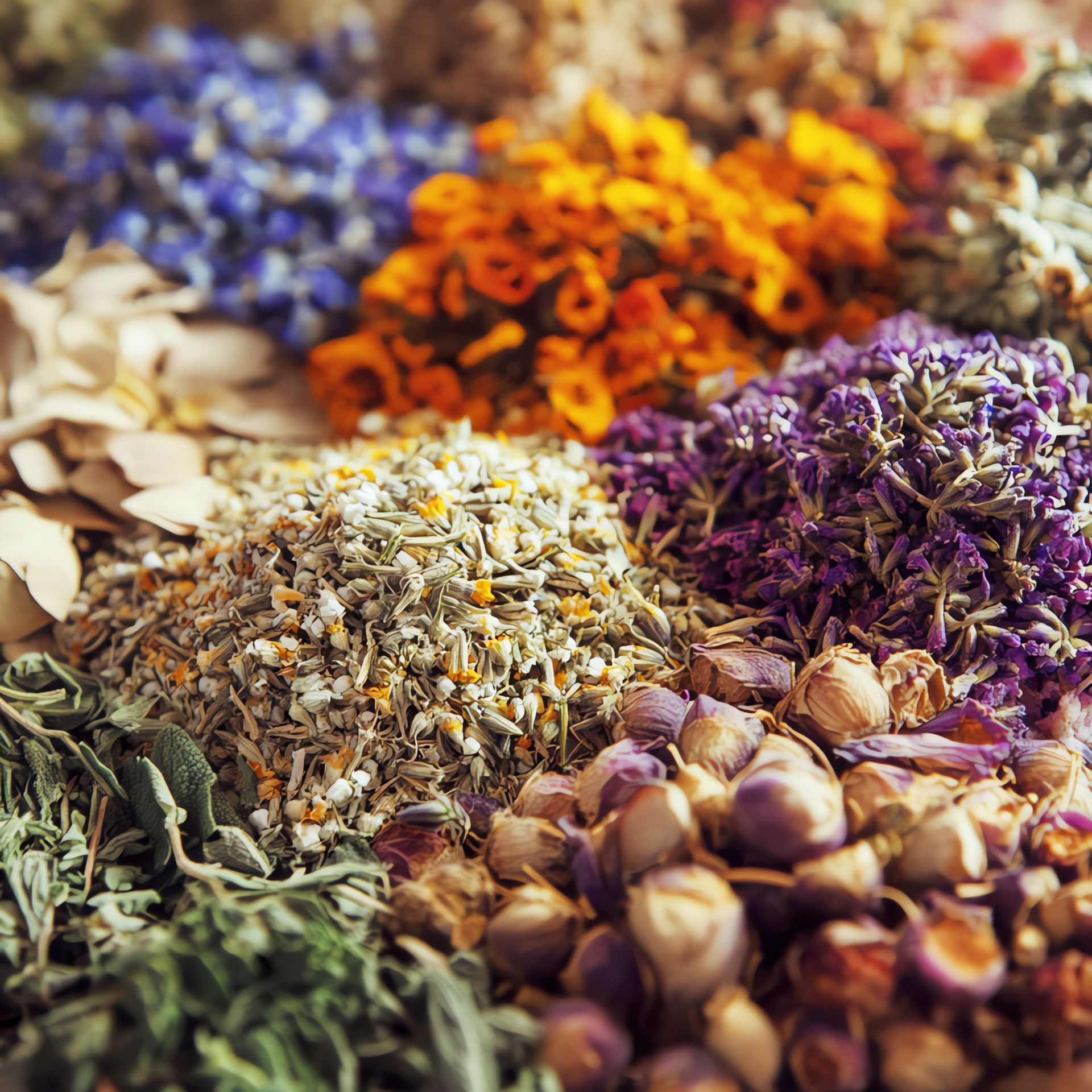 Sortiment an bunten getrockneten Kräutern und Blumen.