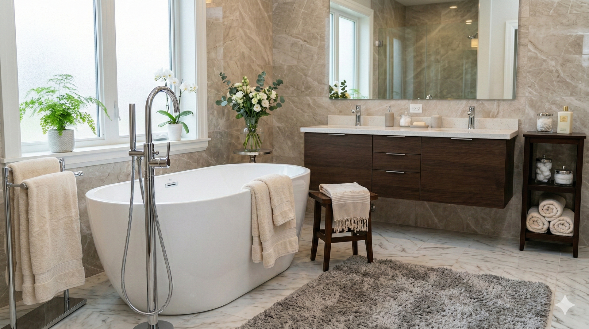 Luxurious bathroom: white freestanding tub, wood vanity, marble walls, window with plant, and towels.