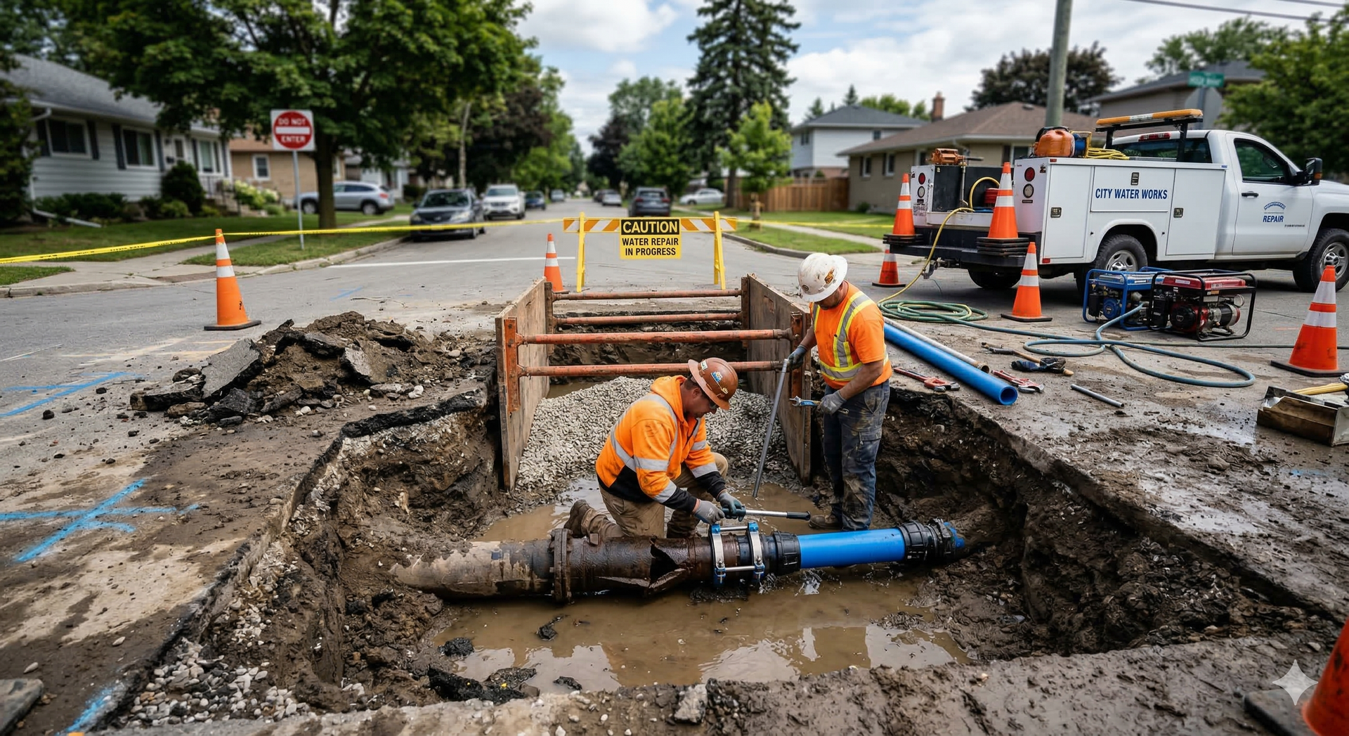 Workers in orange vests repair a pipe in a street excavation, with a truck, cones, and residential houses visible.