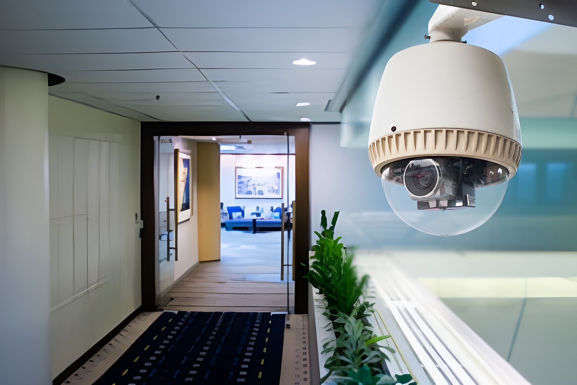 Security Camera Overlooking an Office Hallway With Glass Door — Jendata In Douglas, QLD