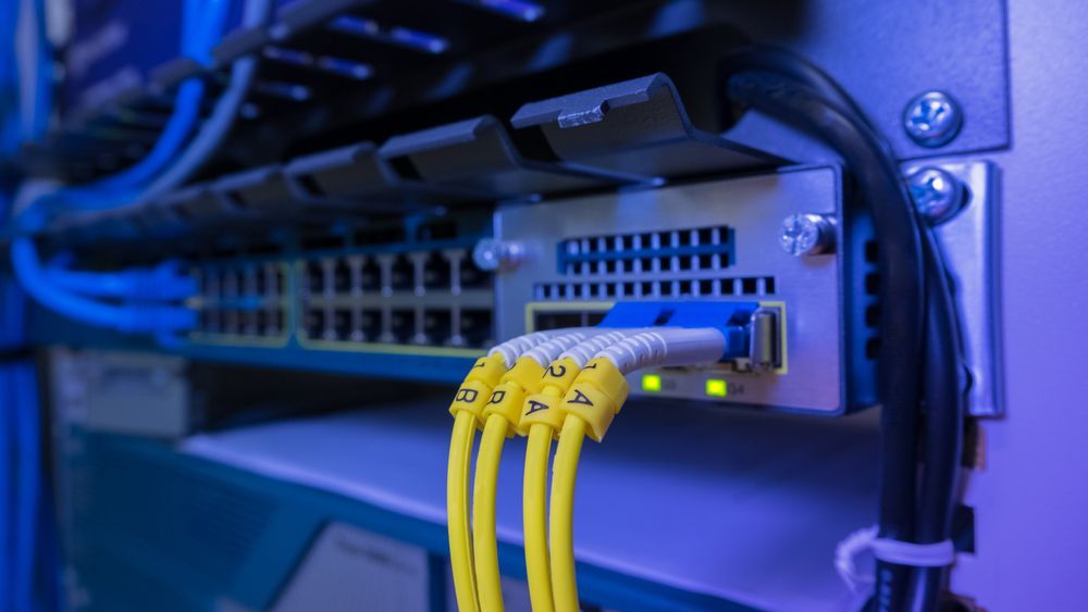 Close-up of a Network Switch With Yellow and Blue Cables Connected — Jendata In Charters Towers,
