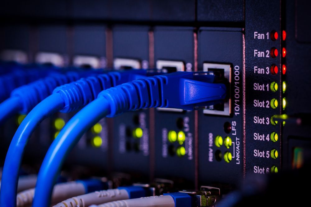 Network Server With Blue Cables Plugged in, Various Indicator Lights Lit — Jendata In Airlie Beach, QLD