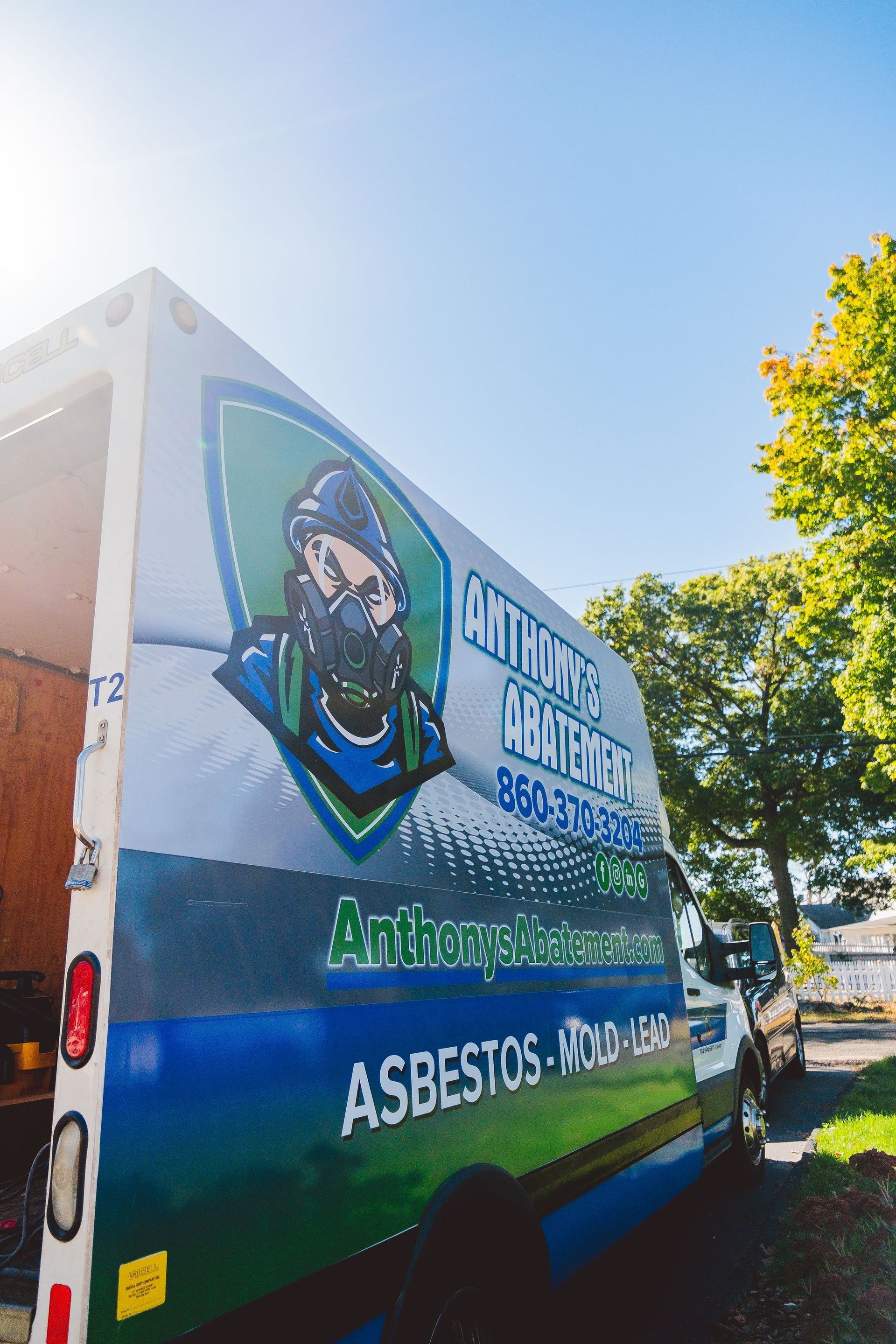 A blue and white vehicle with