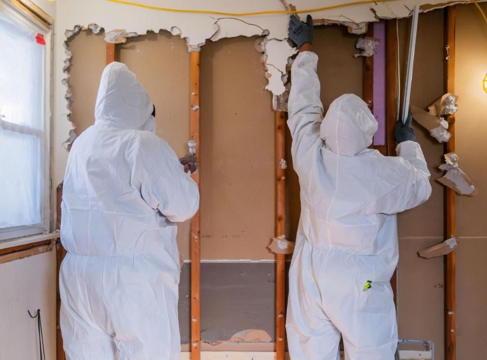 Two men demolition a wall in a residential home 