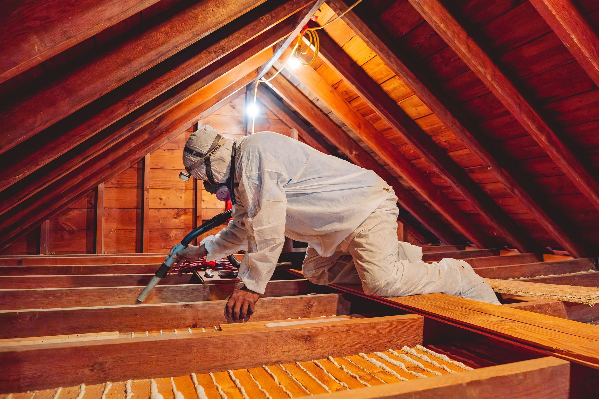 Person in protective gear insulating an attic. Dark wood beams, bright light, and a dusty environment.