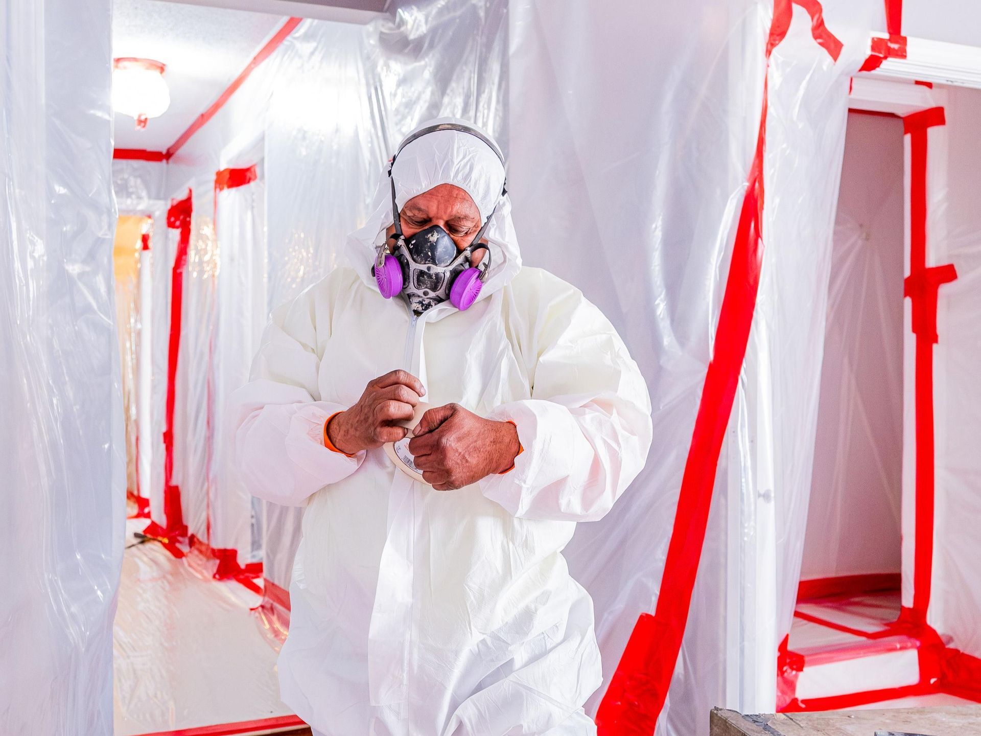 A man in a protective suit and mask is standing in a hallway.