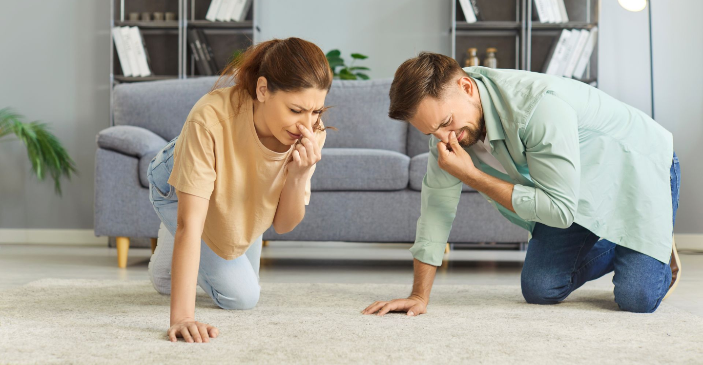 Man and woman on hands and knees, pinching noses, likely smelling a bad odor from carpet in living room.