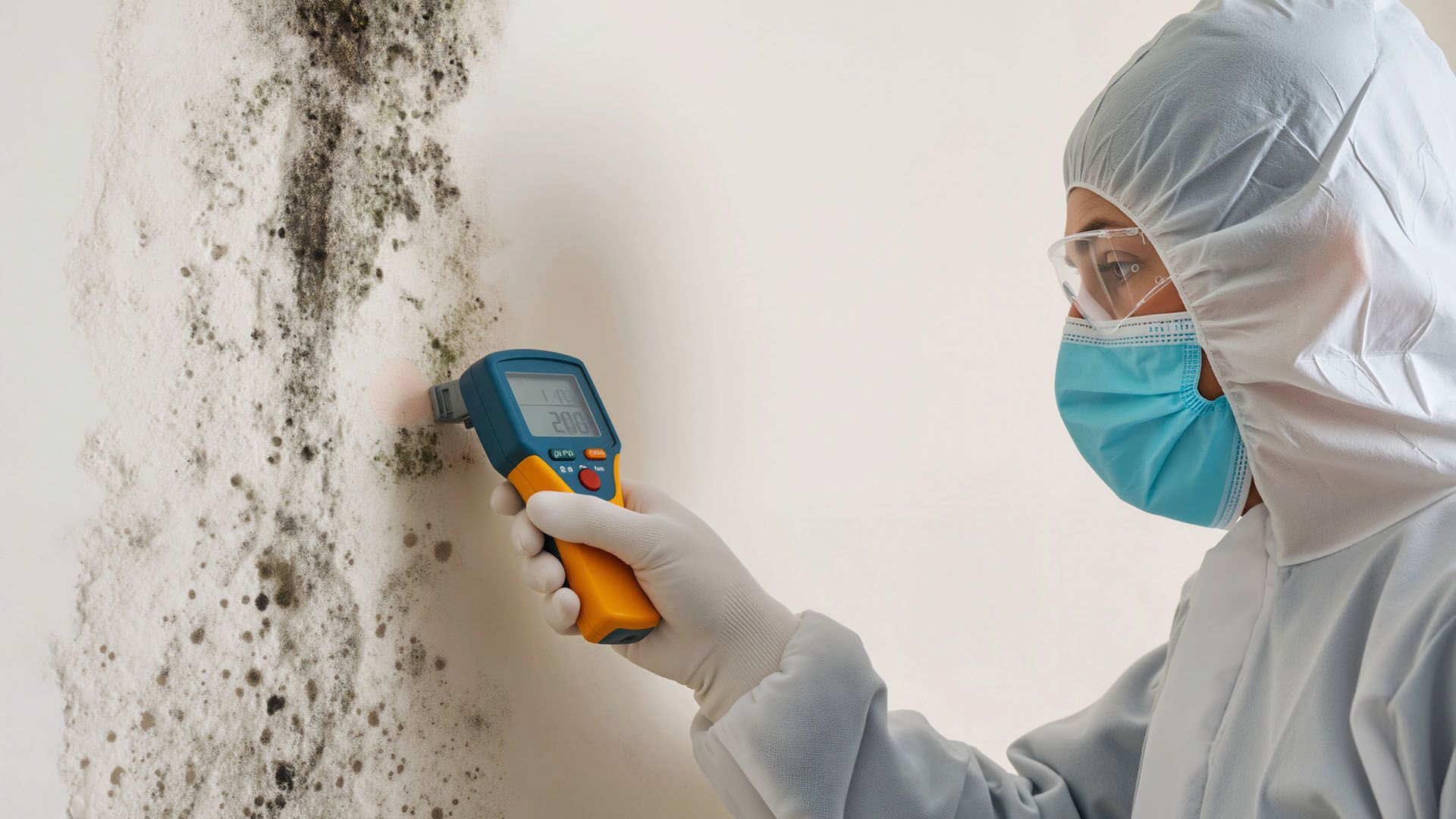 Person in protective suit inspecting mold on a wall with a temperature gun.