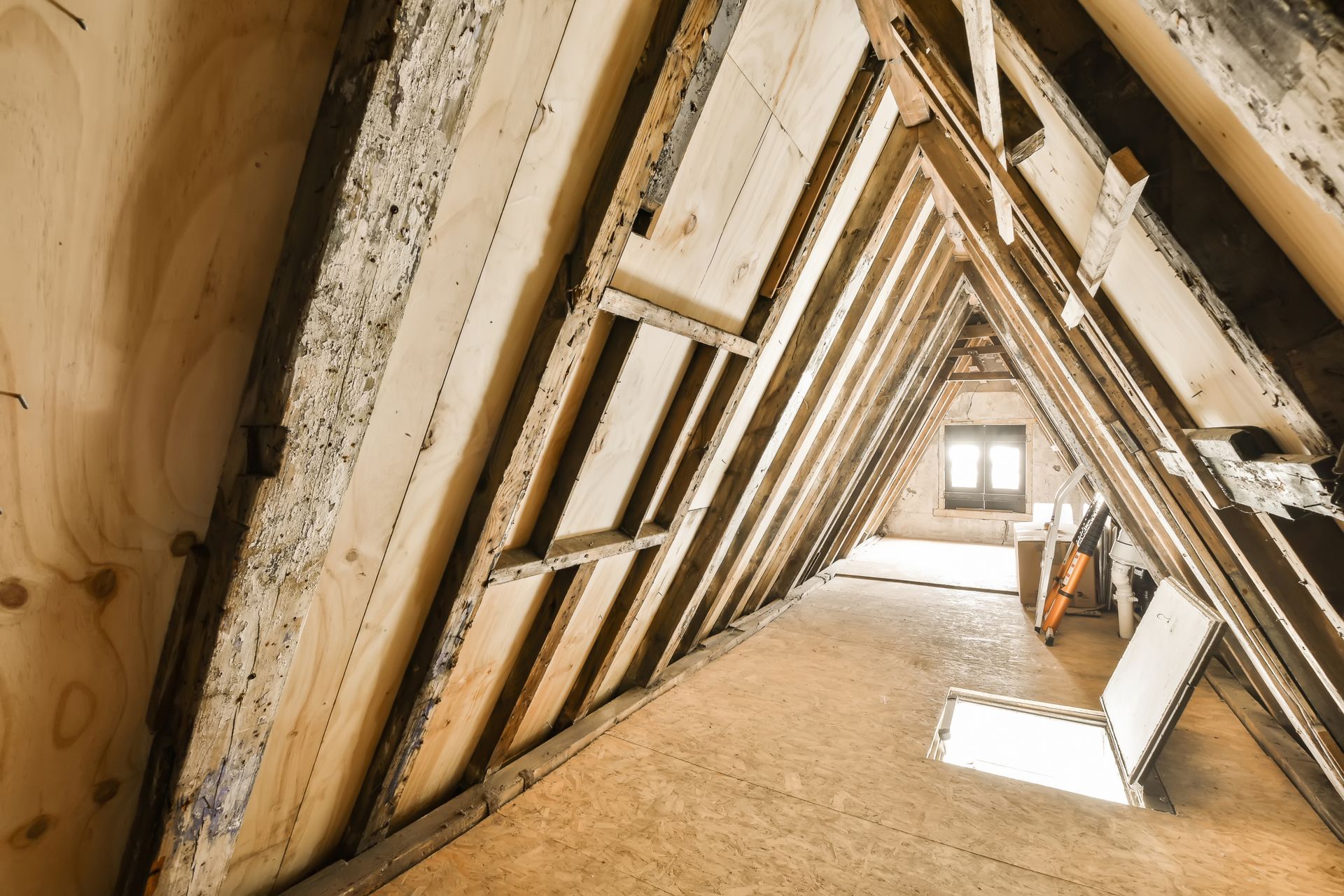 Interior view of an unfinished attic space with exposed wood beams and natural lighting.