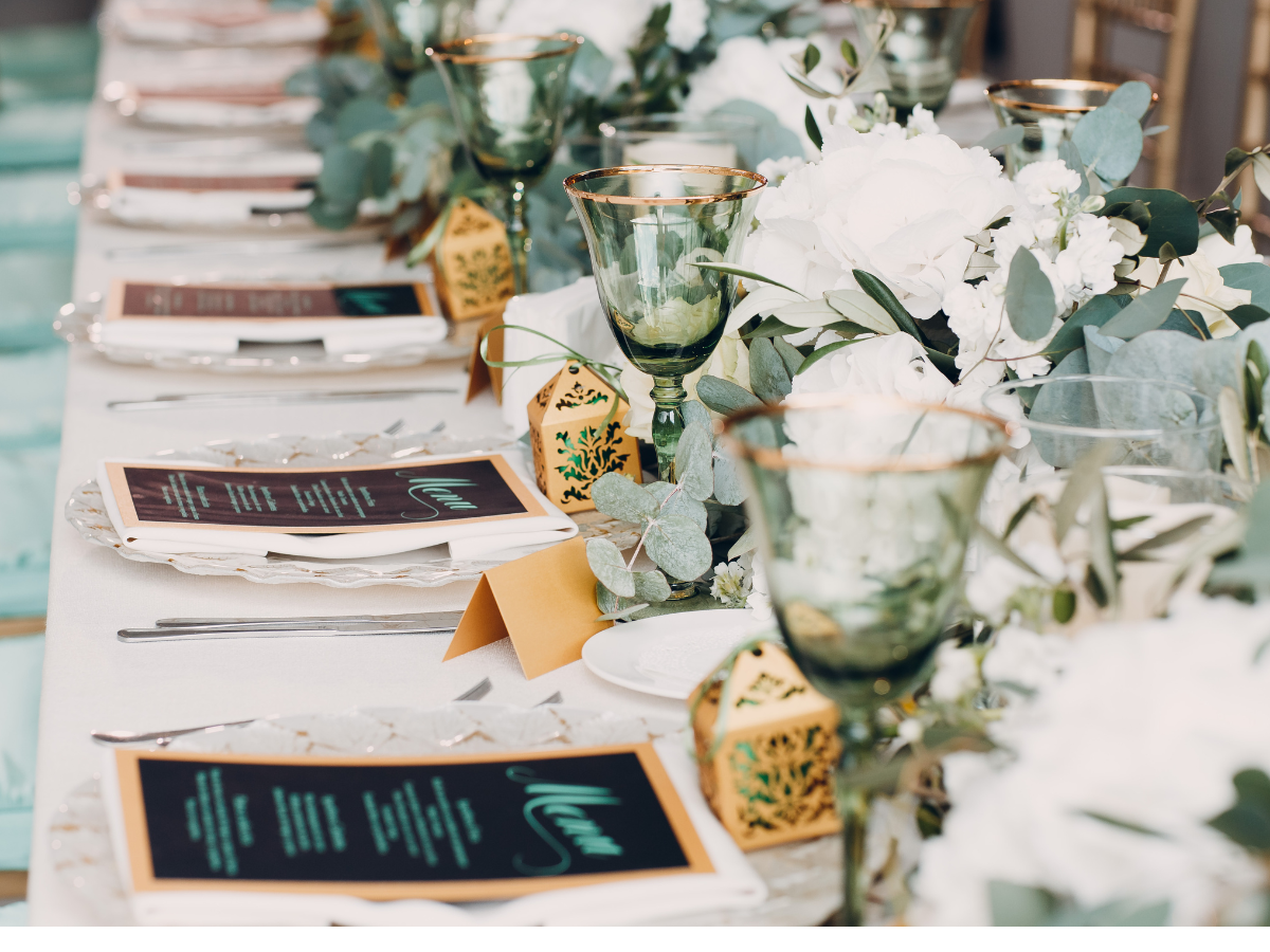 a long table with a menu on it