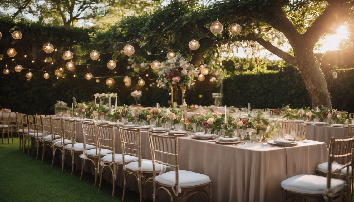 a long table and chairs are set up for a wedding reception.