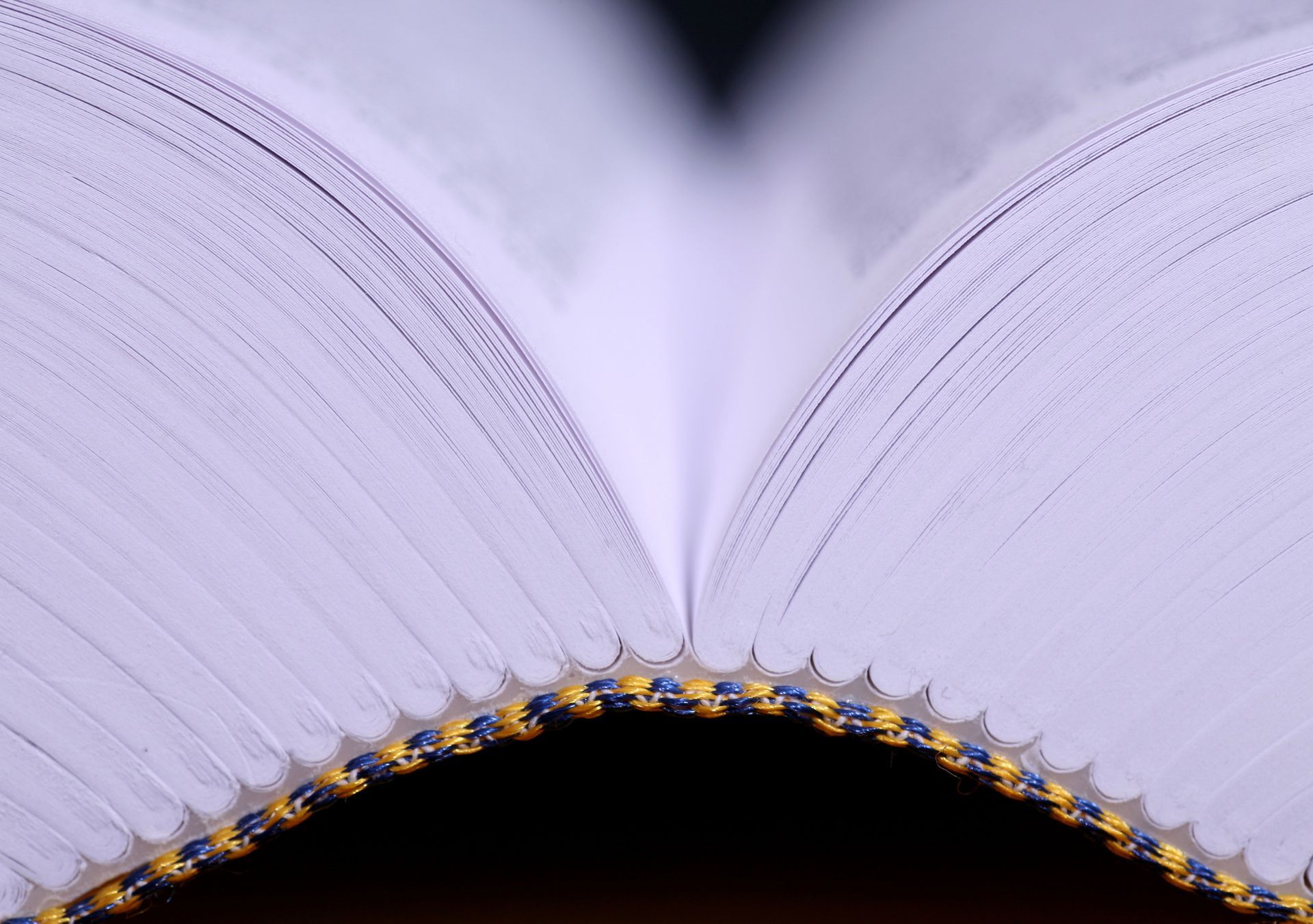 Un primo piano di un libro aperto con rilegatura gialla e blu