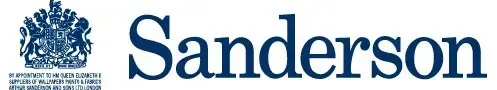 Sanderson-logo med et kongeligt våbenskjold til venstre og mærkenavnet i en marineblå skrifttype til højre.