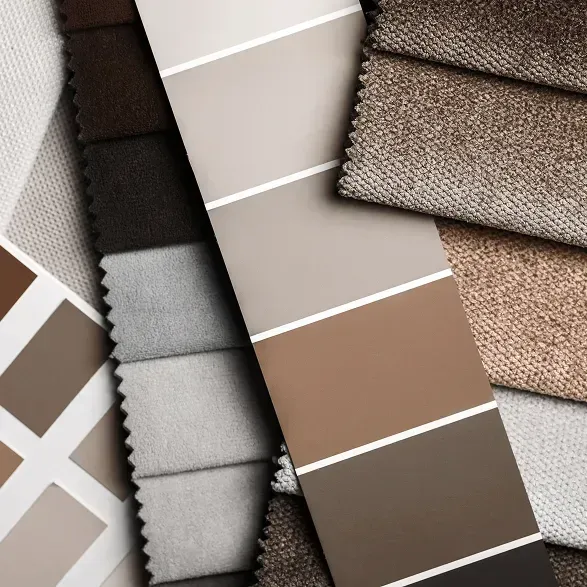 Stofprøver og malingfarvepalet i nuancer af brunt og gråt til indretning.