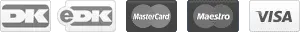 Betalingsmuligheder: DK, eDK, Mastercard, Maestro og VISA logoer.